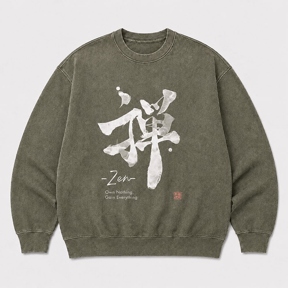Men's Zen Own Nothing Graphic Washed Crew Neck Sweatshirt
