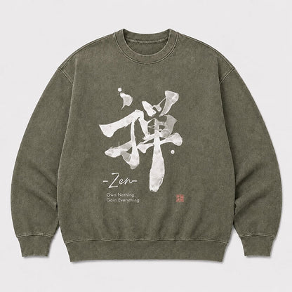 Men's Zen Own Nothing Graphic Washed Crew Neck Sweatshirt