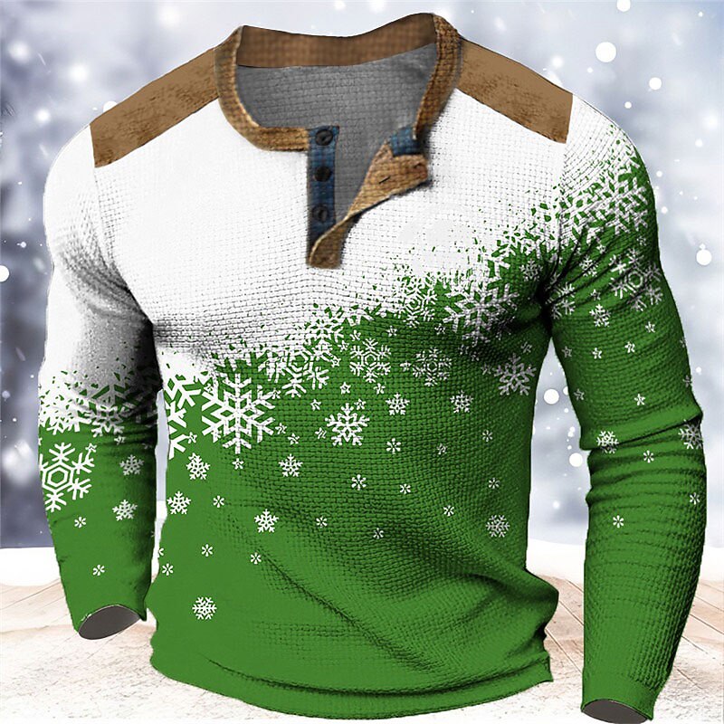 Snowflake Color-Block Henley Long Sleeve T-Shirt