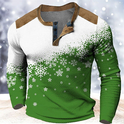 Snowflake Color-Block Henley Long Sleeve T-Shirt