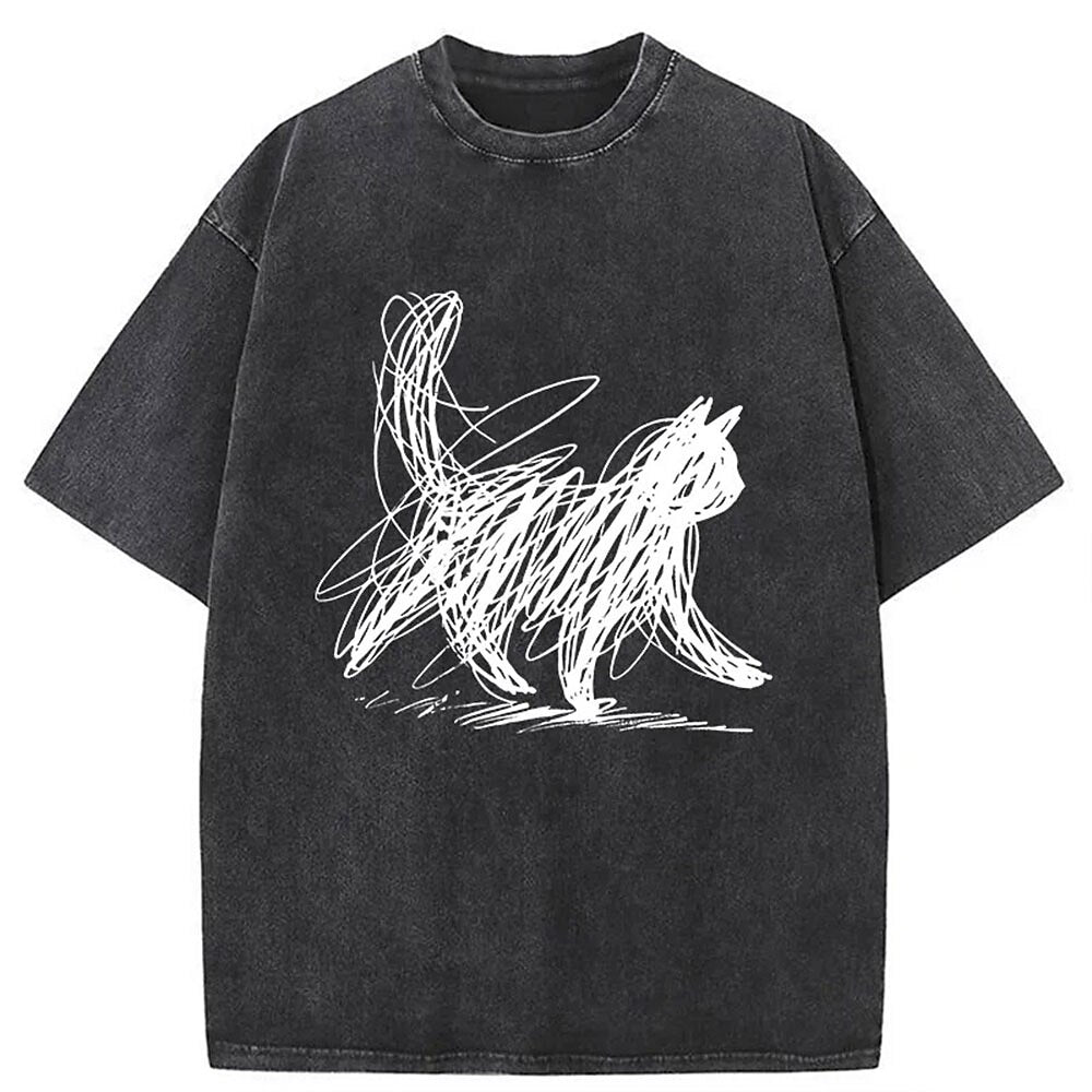 Men's Scribble Cat Graphic Washed Cotton T-Shirt