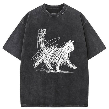 Men's Scribble Cat Graphic Washed Cotton T-Shirt