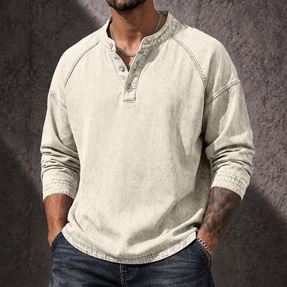 Vintage Washed Button-Neck Henley Long Sleeve T-Shirt