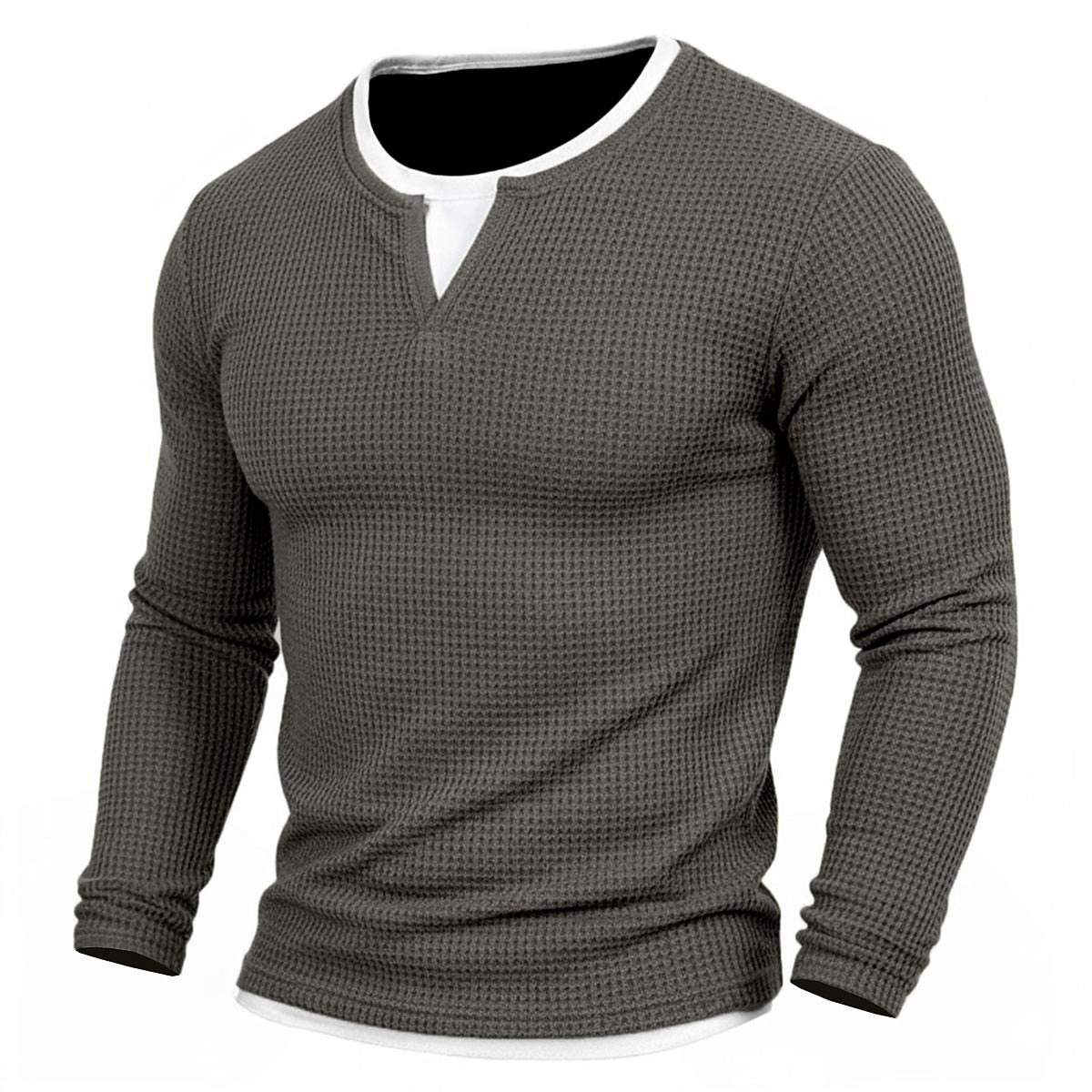 Contrast Inset Waffle Henley Long Sleeve T-Shirt