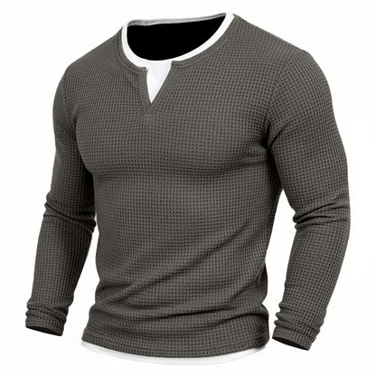 Contrast Inset Waffle Henley Long Sleeve T-Shirt