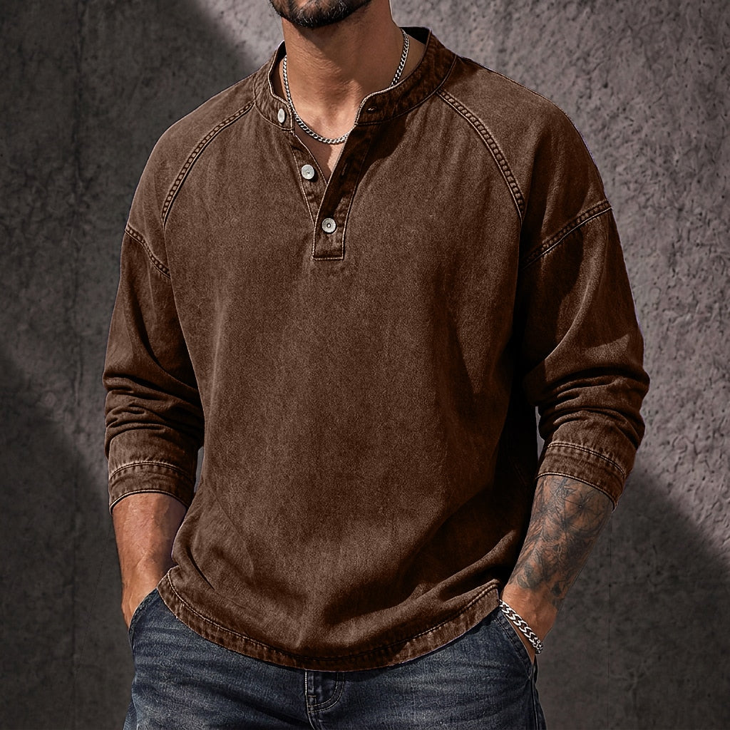 Vintage Washed Button-Neck Henley Long Sleeve T-Shirt
