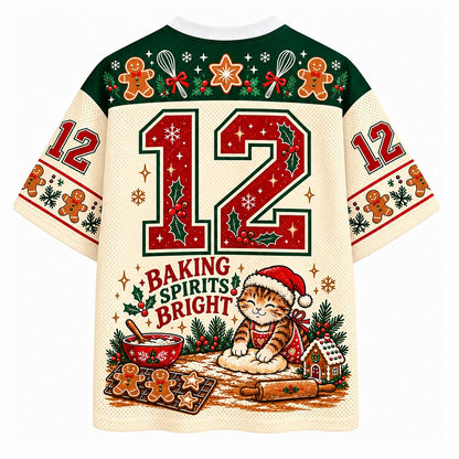 Baking Spirits Bright Christmas Cat V-Neck Mesh Jersey