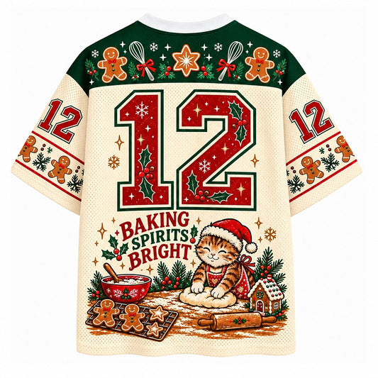 Baking Spirits Bright Christmas Cat V-Neck Mesh Jersey