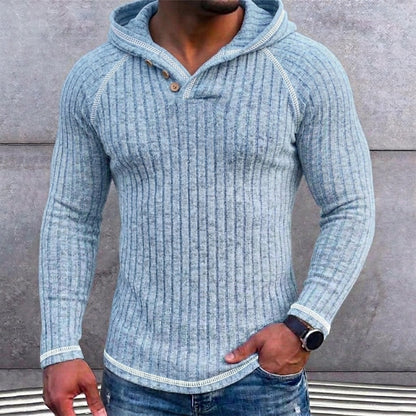 Ribbed Button-Neck Hoodie