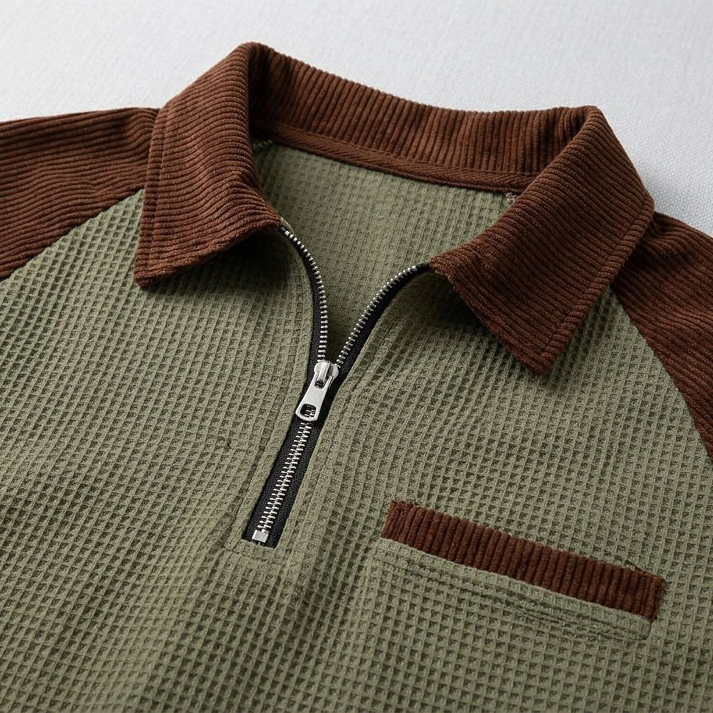 Contrast Shoulder Zip-Neck Waffle Polo