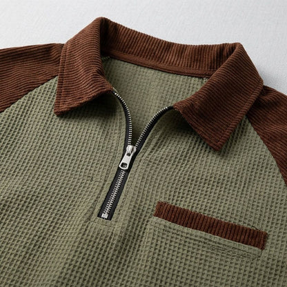 Contrast Shoulder Zip-Neck Waffle Polo
