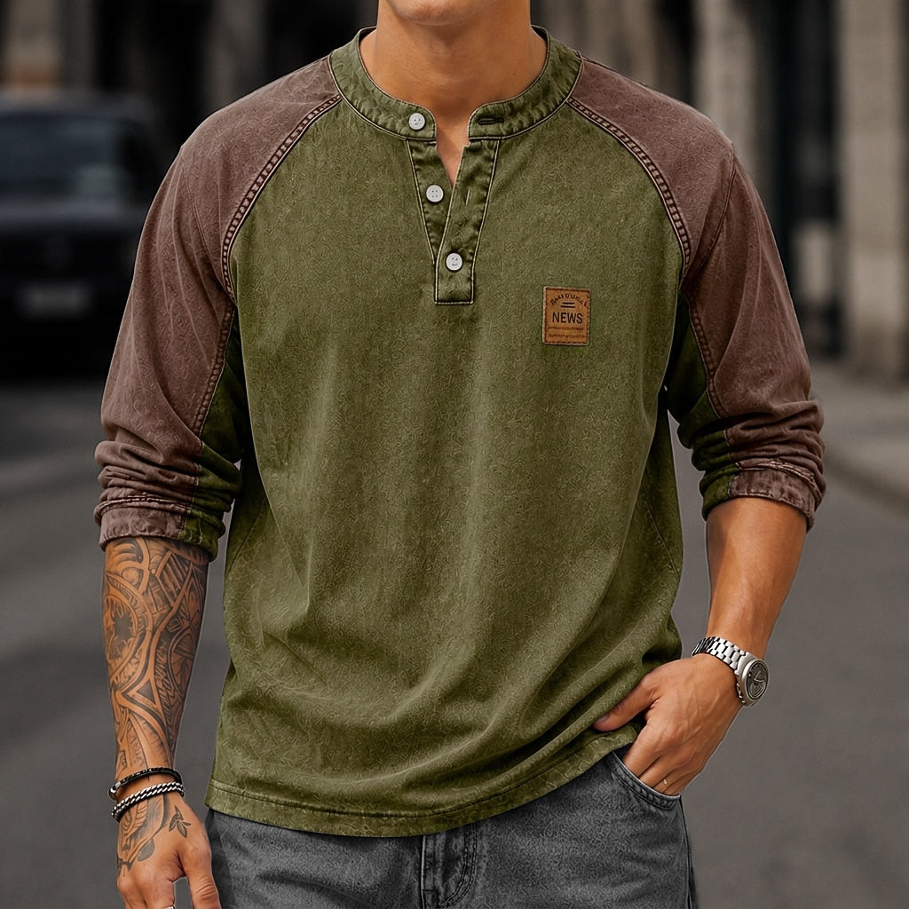 Color Block Washed Raglan Henley Long Sleeve T-Shirt