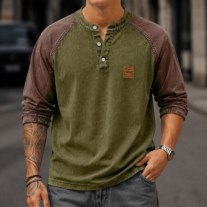 Color Block Washed Raglan Henley Long Sleeve T-Shirt