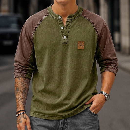 Color Block Washed Raglan Henley Long Sleeve T-Shirt