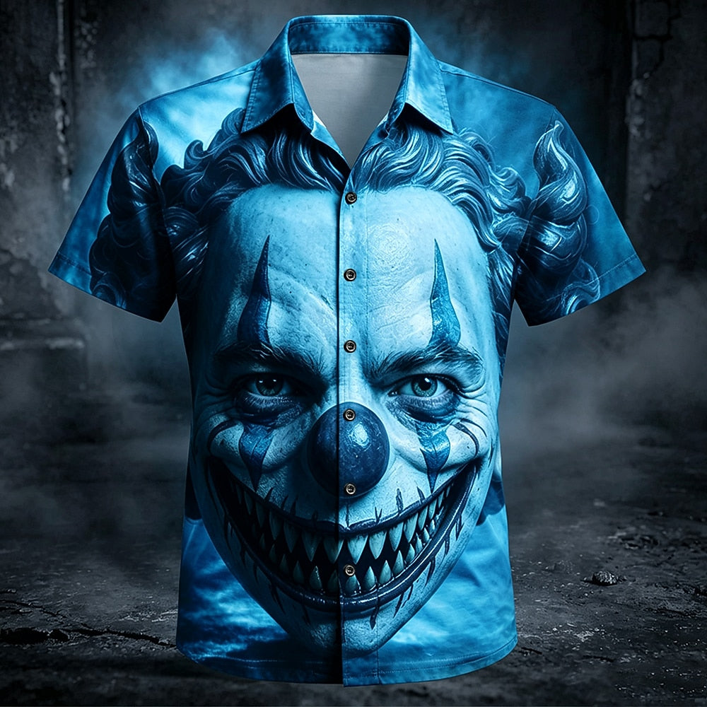 Men's Blue Creepy Clown Print Short Sleeve Horror Button-Down Shirt