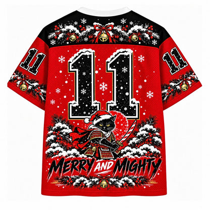 Merry and Mighty Samurai Cat V-Neck Mesh Jersey