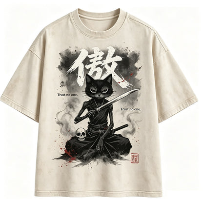 Japanese Samurai Cat Washed T-Shirt