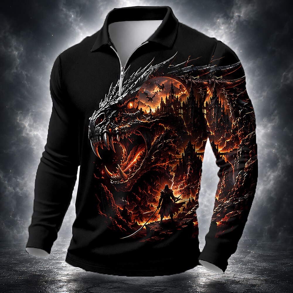 Halloween Men's Pumpkin Dragon Graphic Zip Polo