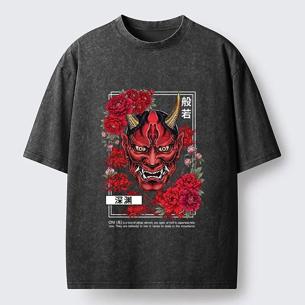 Men's Hannya Demon Mask & Red Peony Washed Cotton T-Shirt