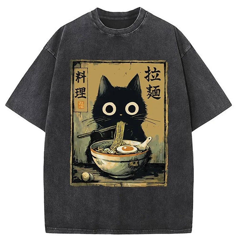 Men's Cat Graphic Washed Cotton T-Shirt