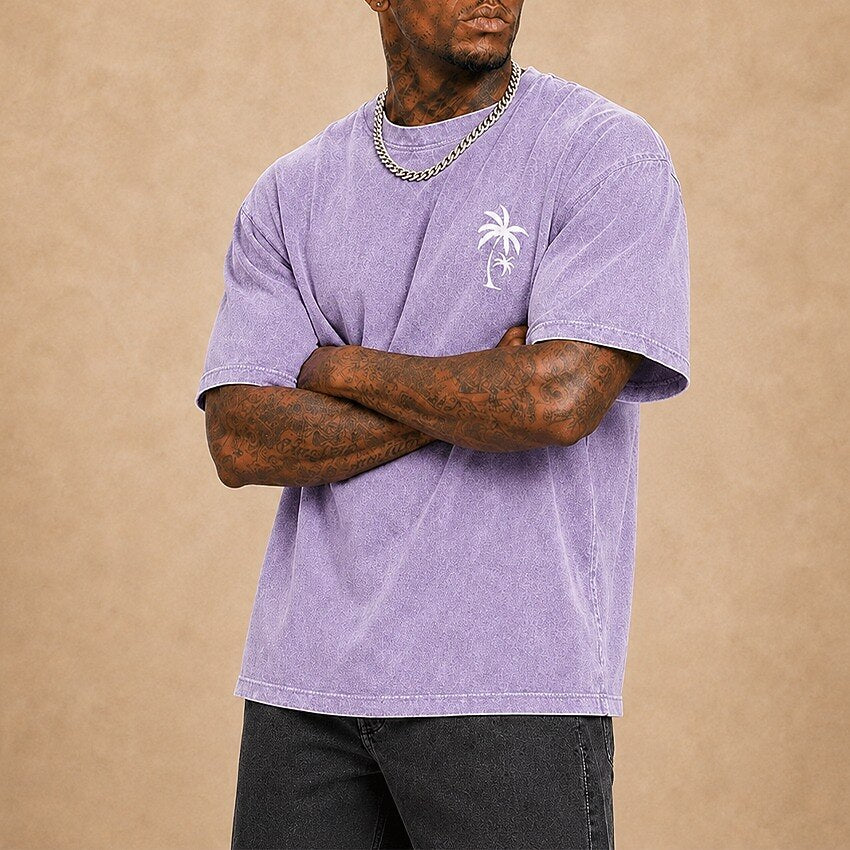 Men's Palm Tree Minimal Print Short Sleeve Acid-Wash T-Shirt