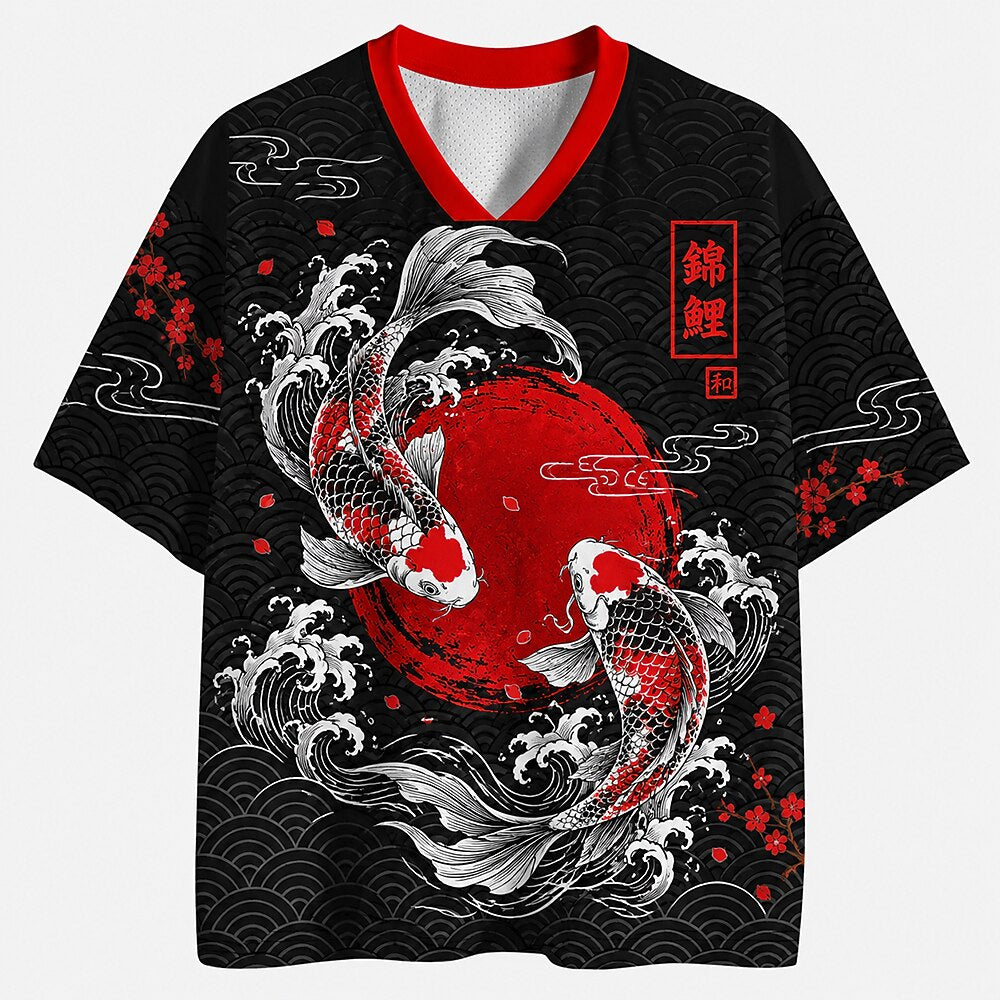 Men's Fish Kanji Graphic V-Neck Sports Jersey