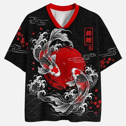 Men's Fish Kanji Graphic V-Neck Sports Jersey