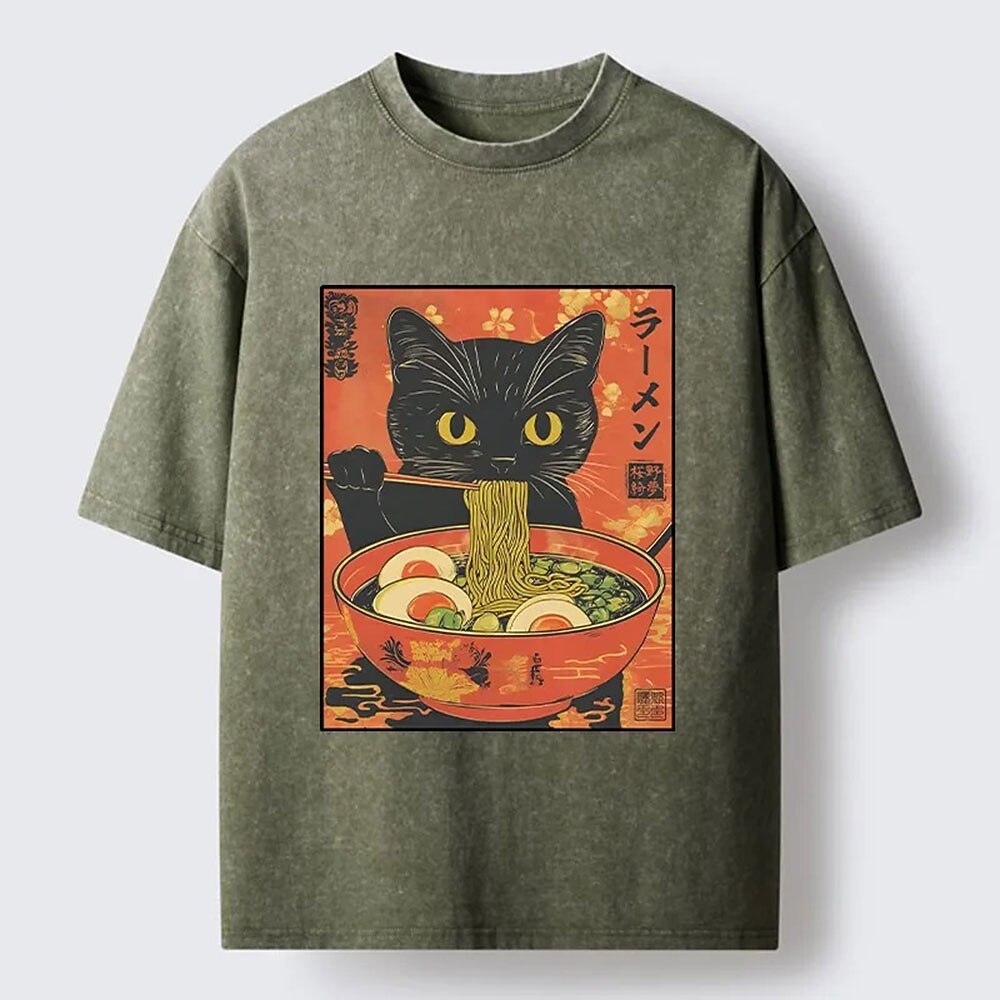 Men's Black Cat Ramen Graphic Washed Cotton T-Shirt