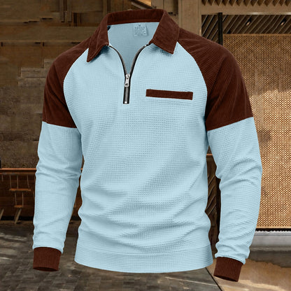 Contrast Shoulder Zip-Neck Waffle Polo