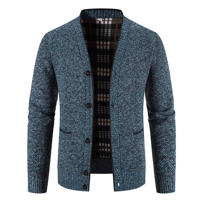 Plaid-Lined Welt Pocket Cardigan