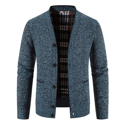 Plaid-Lined Welt Pocket Cardigan