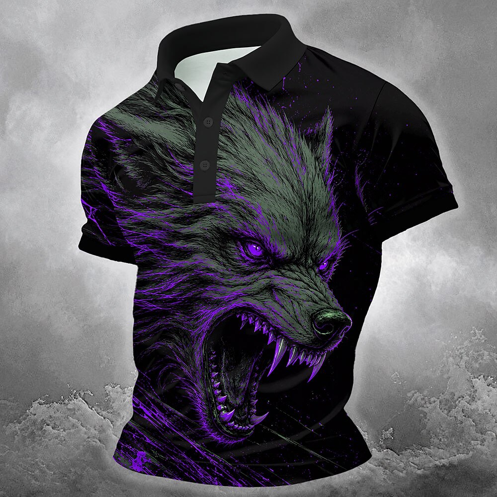 Men's Howling Wolf Print Short Sleeve Gothic Polo Shirt