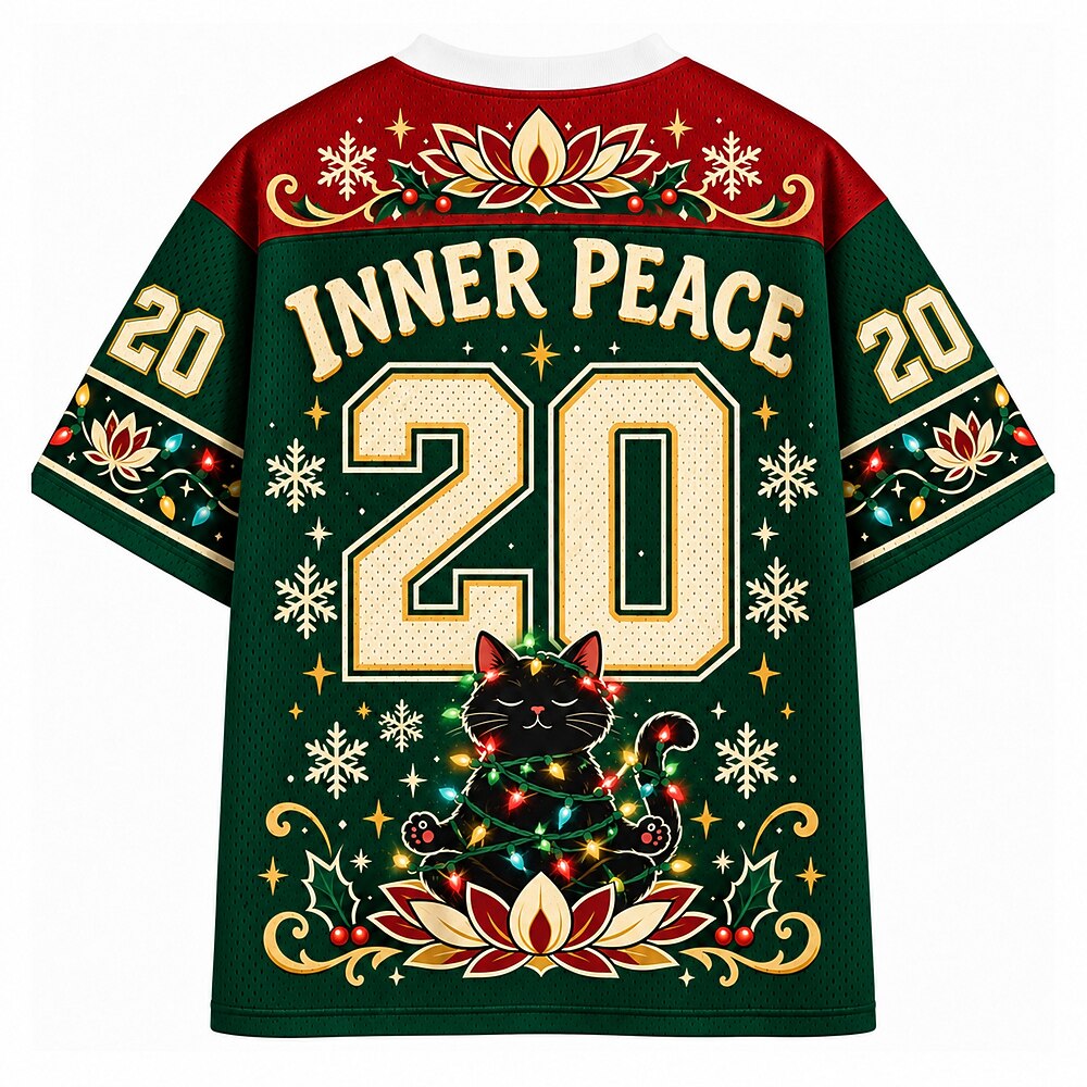 Inner Peace Tangled Lights Christmas Cat V-Neck Mesh Jersey