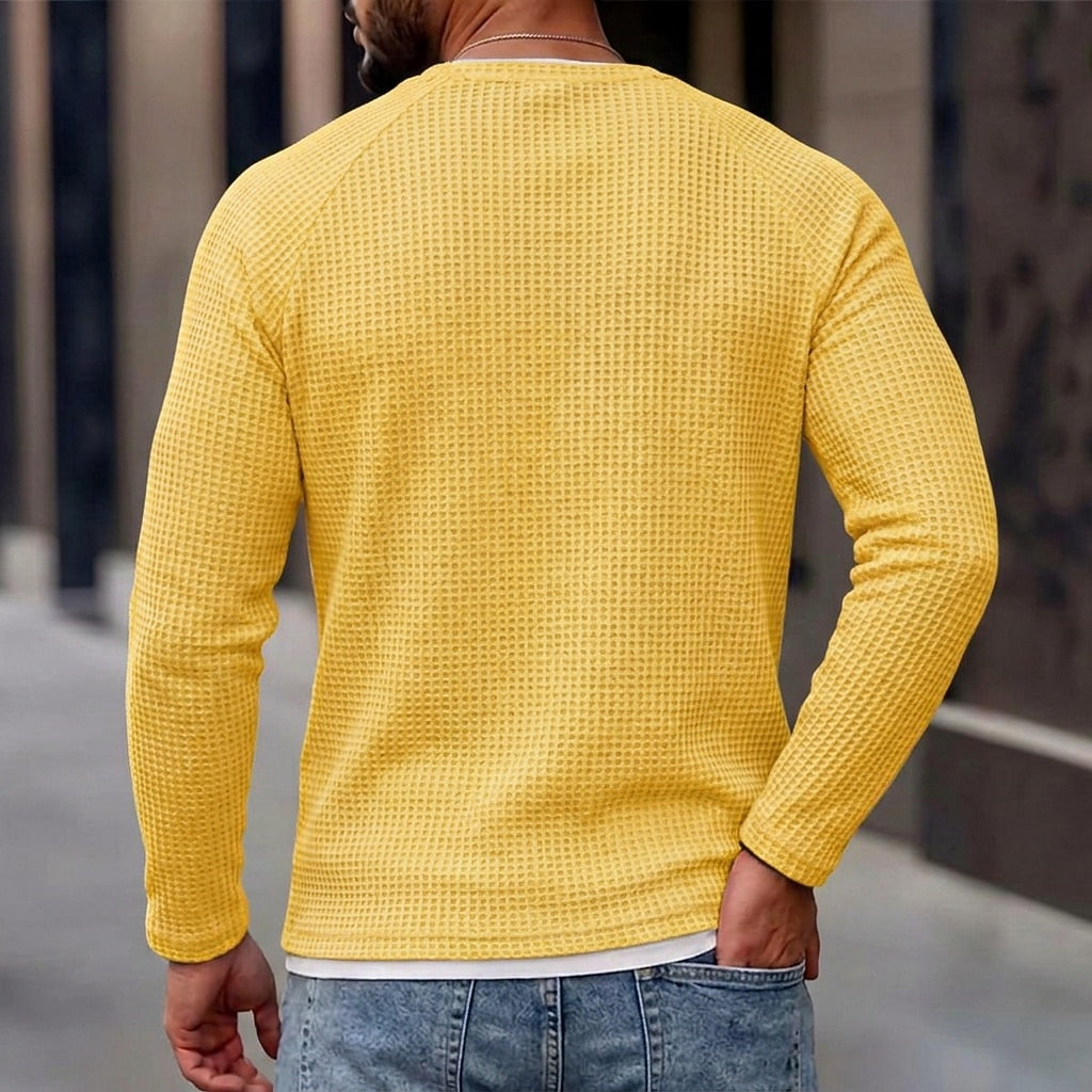 Layered Notch Neck Waffle Henley Long Sleeve T-Shirt