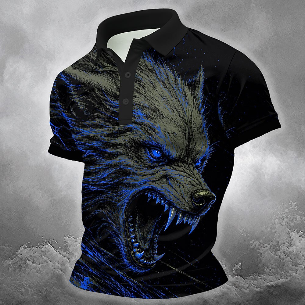 Men's Howling Wolf Print Short Sleeve Gothic Polo Shirt