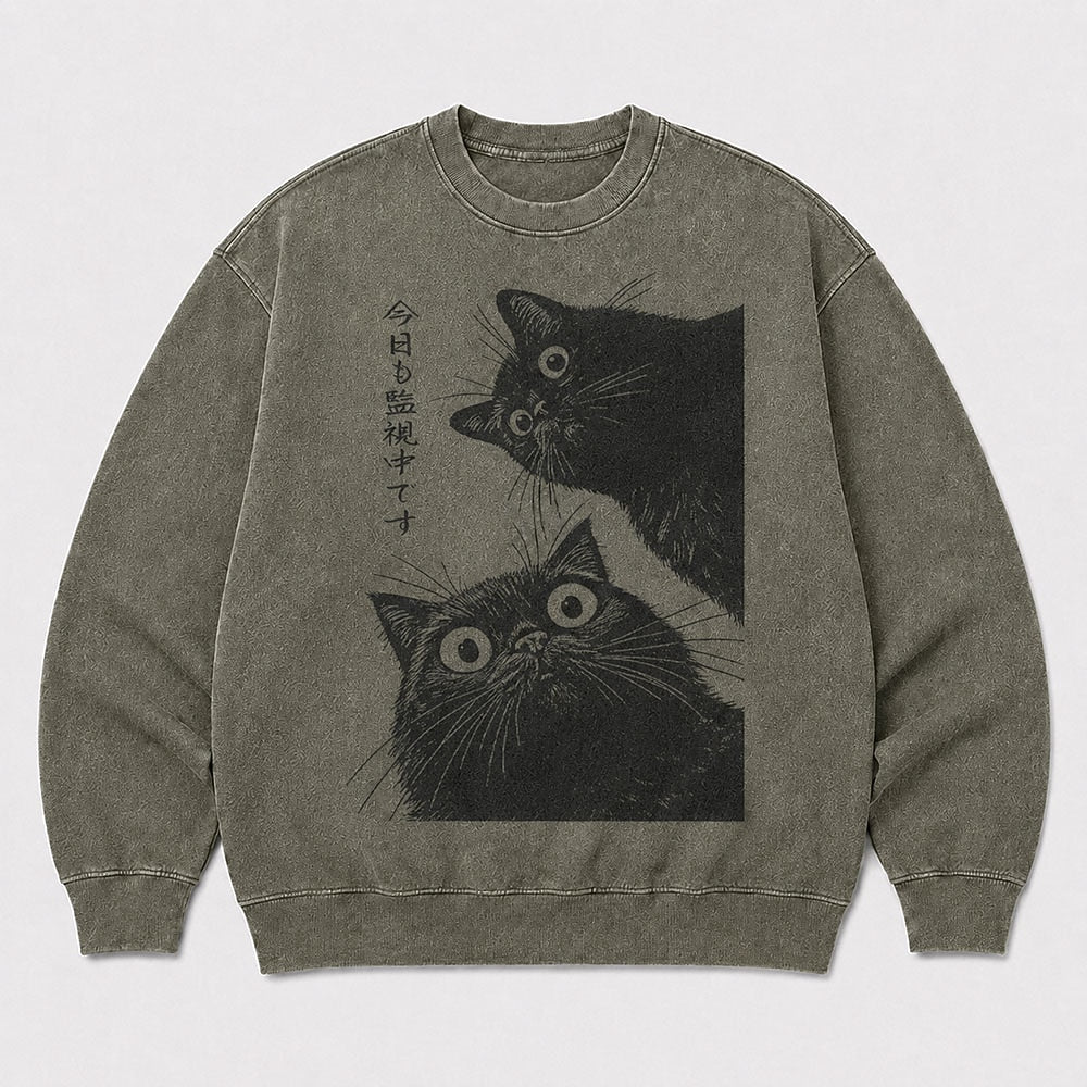 Men's Japanese Peeking Cats Graphic Washed Crew Neck Sweatshirt