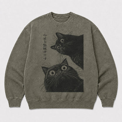 Men's Japanese Peeking Cats Graphic Washed Crew Neck Sweatshirt