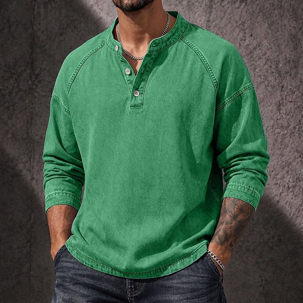 Vintage Washed Button-Neck Henley Long Sleeve T-Shirt