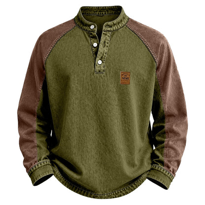 Contrast Sleeve Washed Henley Long Sleeve T-Shirt