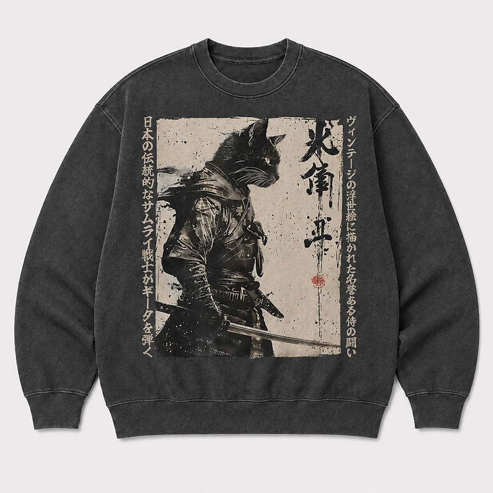 Men's Vintage Japanese Cat Graphic Washed Crew Neck Sweatshirt