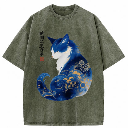 Japanese Style Cat Washed T-Shirt