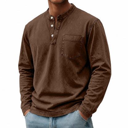 Washed Pocket Henley Long Sleeve T-Shirt