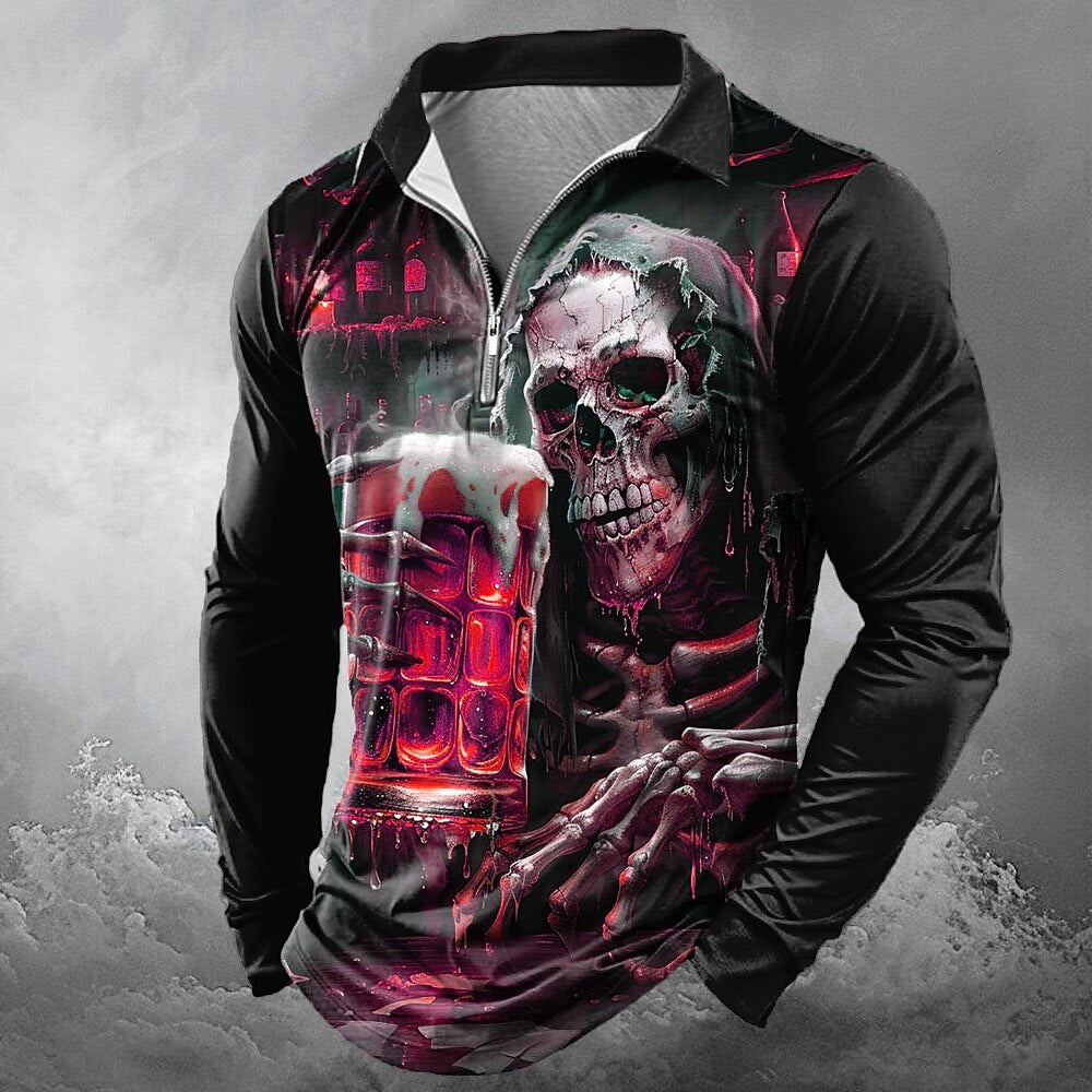 Halloween Men's Skull & Mug Graphic Zip Polo