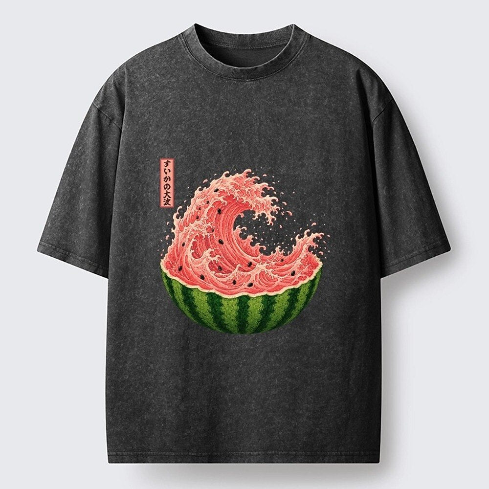 Japanese Style Watermelon Great Wave Washed T-Shirt