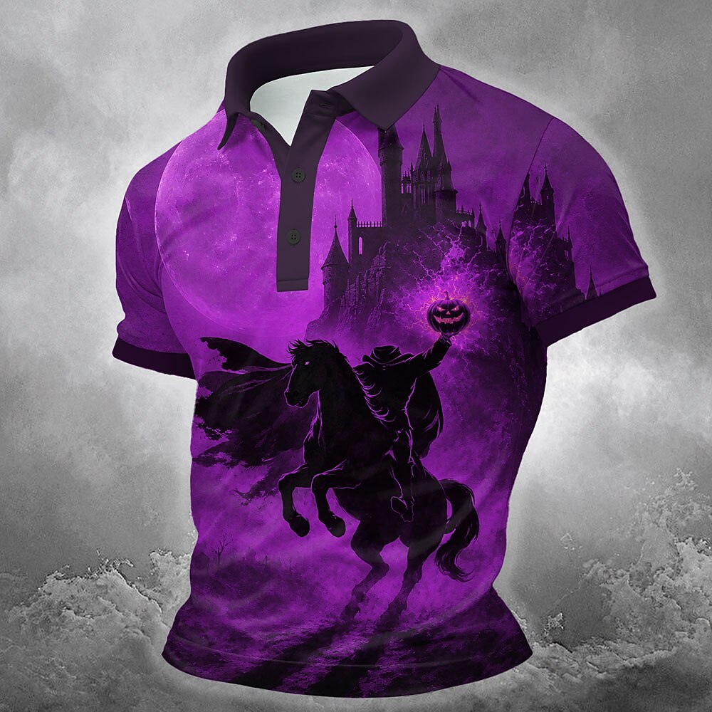 Men's Headless Horseman Print Short Sleeve Gothic Polo Shirt