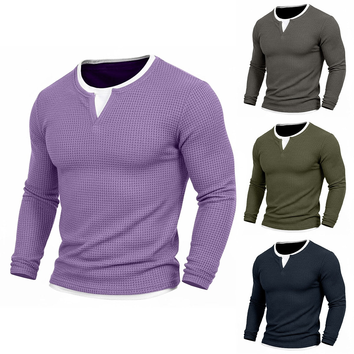 Contrast Inset Waffle Henley Long Sleeve T-Shirt