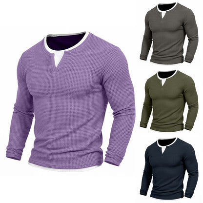Contrast Inset Waffle Henley Long Sleeve T-Shirt