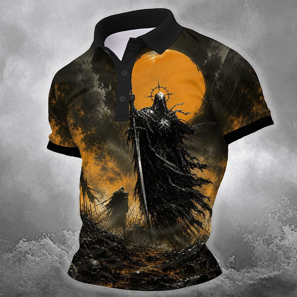 Men's Red Moon Knight Print Short Sleeve Gothic Polo Shirt