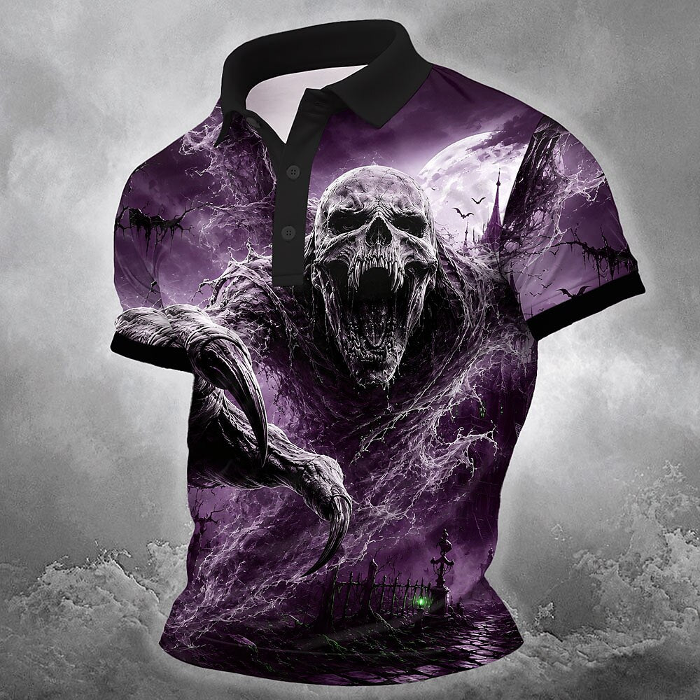 Men's Screaming Skull Print Short Sleeve Gothic Polo Shirt