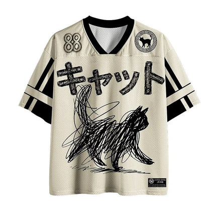 Men's Black & White Cat Number Graphic Print Short Sleeve Streetwear Jersey T-Shirt